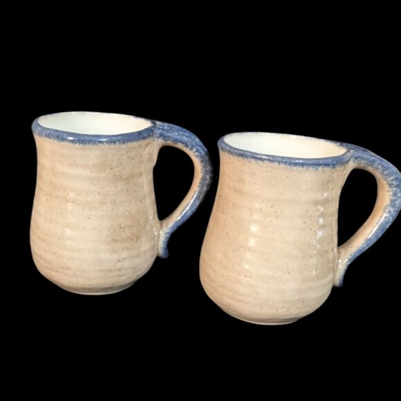 Handmade Stoneware Pottery Mugs Pair Red Heart Blue Trim Rustic Kitchen BW92 - Picture 2 of 7